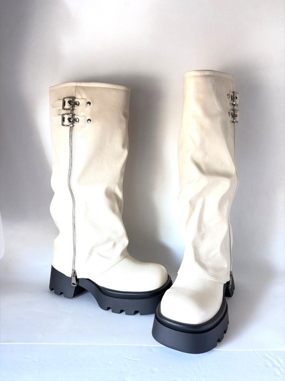 Ivory White Chunky Platform Heel Boots Slouchy Biker Knee-High Women Size 7